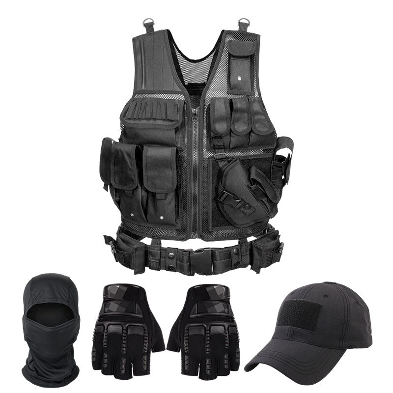 Men’s Tactical Airsoft Vest – Black Molle Vest with Cap