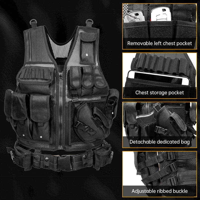 Men’s Tactical Airsoft Vest – Black Molle Vest with Cap
