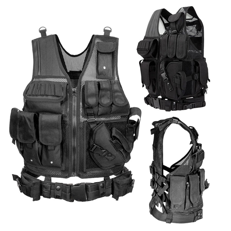 Men’s Tactical Airsoft Vest – Black Molle Vest with Cap