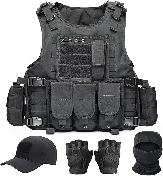Men’s Tactical Airsoft Vest – Black Molle Vest with Cap