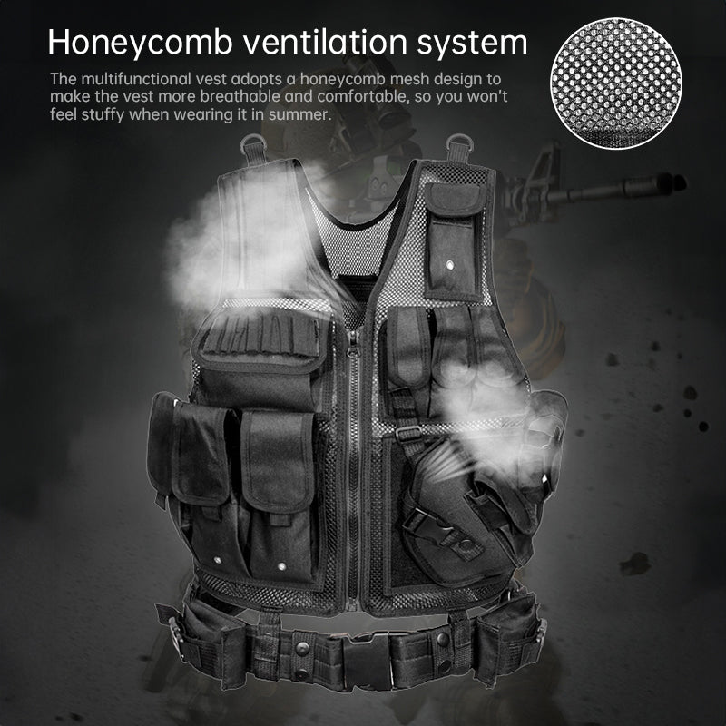 Men’s Tactical Airsoft Vest – Black Molle Vest with Cap