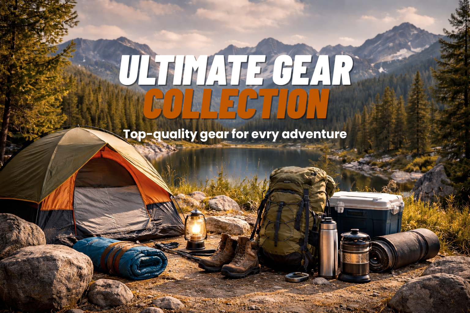 Outdoor camping setup near mountain lake