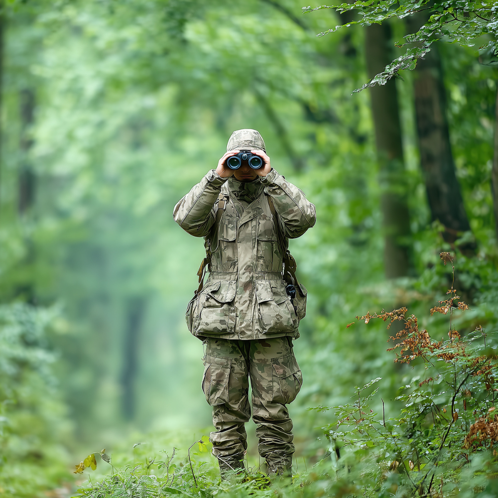Person in camouflage clothing using binoculars in a forest

